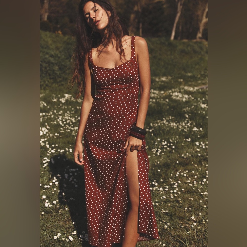 ZARA Linen Red Polka Dot Dress with Slit